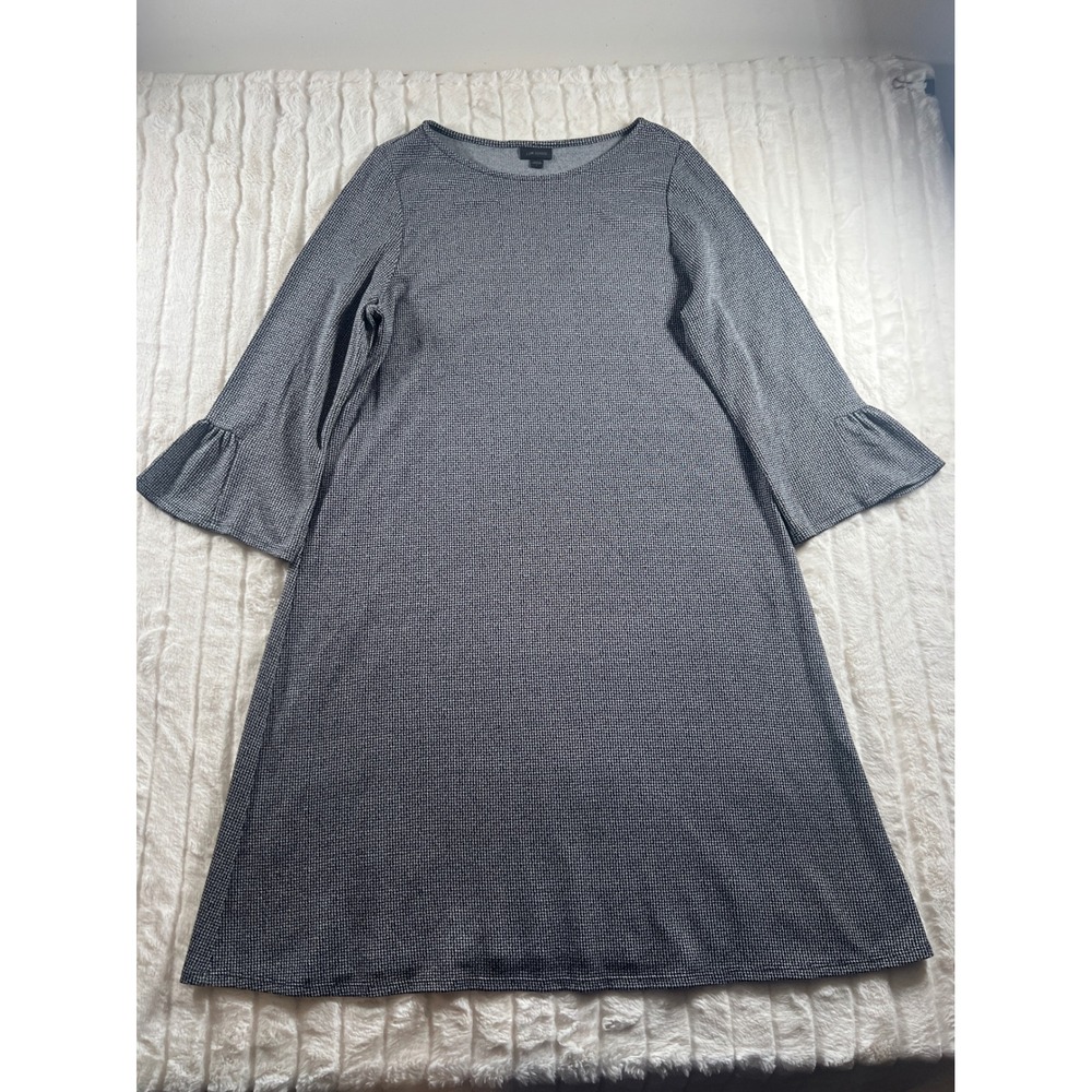 J‎ Jill Wearever Collection Women's L Gray Black Houndstooth Bell Sleeve Dress